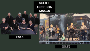 Scott Greeson and the band during 2019 cd release concert of Riverside album, next to 2023 photo of the band playing Taste of Tippecanoe