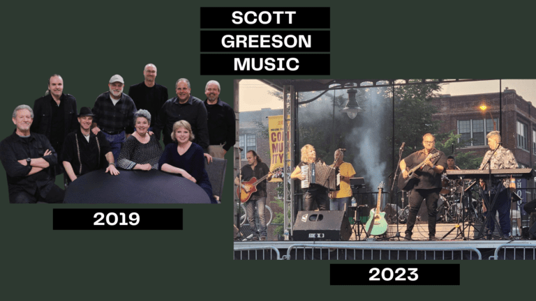 Scott Greeson and the band during 2019 cd release concert of Riverside album, next to 2023 photo of the band playing Taste of Tippecanoe